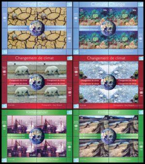 NACIONES UNIDAS (ONU) SELLOS, 2008 - CAMBIO CLIMATICO - YV 182/89 (NY) 616/23 (G) 565/72 (V) - 6 HOJITAS - NUEVO - MINT