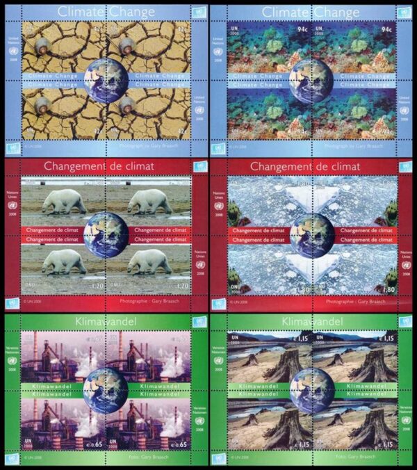 NACIONES UNIDAS (ONU) SELLOS, 2008 - CAMBIO CLIMATICO - YV 182/89 (NY) 616/23 (G) 565/72 (V) - 6 HOJITAS - NUEVO - MINT