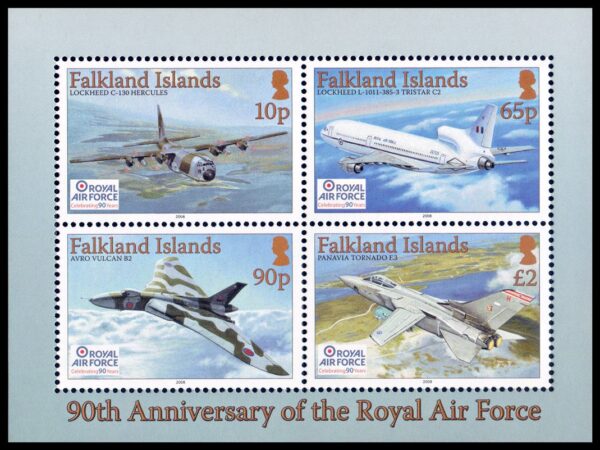 MALVINAS/SELLOS, 2008 - AVIONES - 90 ANIVERSARIO DE LA ROYAL AIR FORCE - YV BF 36 - BLOQUE - NUEVO - MINT