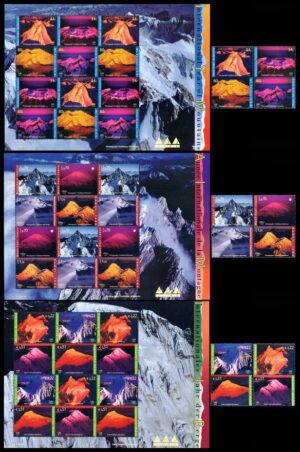 NACIONES UNIDAS (ONU) SELLOS, 2002 - AÑO INTERNACIONAL DE LA MONTAÑA - YV 878/81 (NY) 453/56 (G) 376/79 (V) - 12 VALORES + 3 HOJAS - NUEVO - MINT