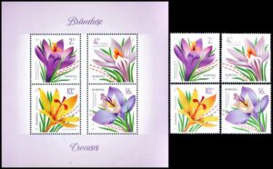 RUMANIA/SELLOS, 2022 – FLORES – CROCUS - YV 6829/32 + BF 616 - 4 VALORES + BLOQUE - NUEVO - MINT