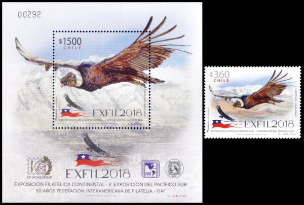 CHILE/SELLOS, 2018 - AVES - CONDOR ANDINO - YV 2138 + BF 85 - 1 VALOR + BLOQUE - NUEVO - MINT