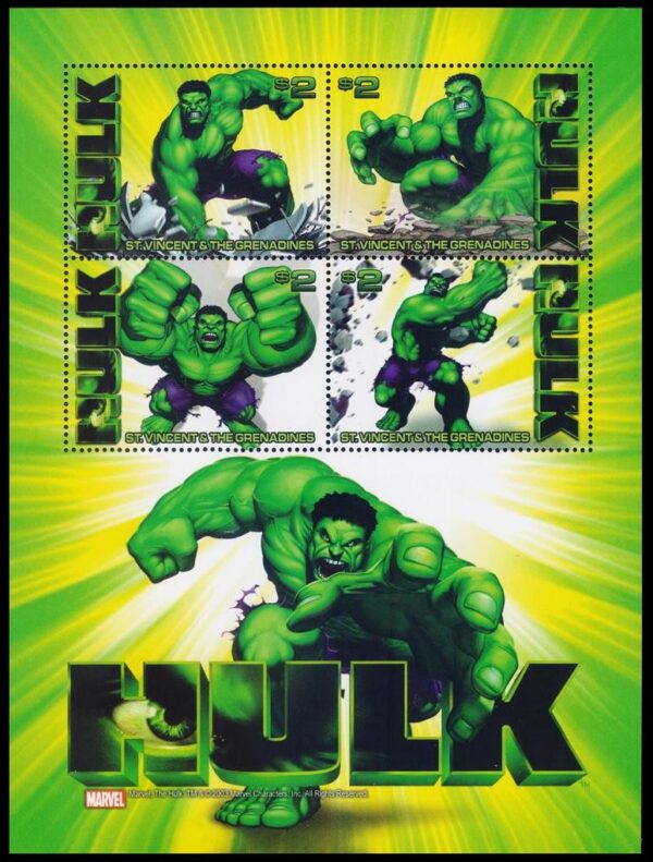 SAN VICENTE Y GRANADINAS/SELLOS, 2003 - CINE - HULK - PELICULA DE ANG LEE - YV 4633/36 - HOJITA - NUEVO