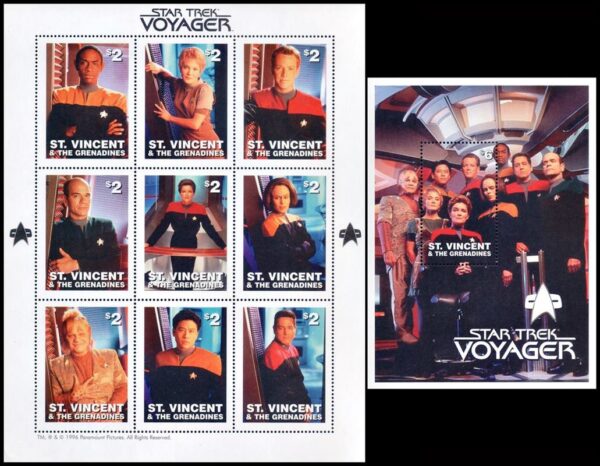 SAN VICENTE Y GRANADINAS/SELLOS, 1997 - STAR TRECK VOYAGER - LA SERIE - YV 3006/14 - HOJITA + BLOQUE - NUEVO - MINT