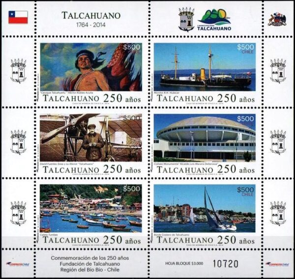CHILE/SELLOS, 2014 - 250 ANIVERSARIO DE LA FUNDACION DE TALCAHUANO - YV 2057/62 - HOJITA DE 6 CVALORES - NUEVO