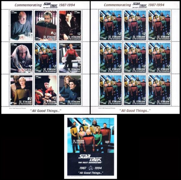 SAN VICENTE Y GRANADINAS/SELLOS, 1994 – STAR TRECK LA NUEVA GENERACION – LA SERIE – YV 2204/12 + HOJITA 2012 + BLOQUE 278  – HOJITA + BLOQUE – NUEVO – MINT