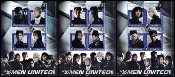 SAN VICENTE Y GRANADINAS/SELLOS, 2003 - CINE - X-MEN UNITED - YV 4637/48 - 3 HOJITAS - NUEVO - MINT