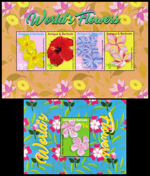 ANTIGUA AND BARBUDA/STAMPS, 2021 - FLOWERS OF THE WORLD - YV 5081/84 + BF 808 - SHEET + SOUV SHEET - MNH