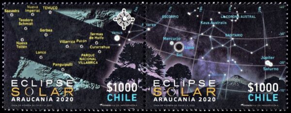 CHILE/SELLOS, 2020 - ASTRONOMIA - ECLIPSE SOLAR - ARAUCANIA - 2 VALORES - NUEVO - MINT