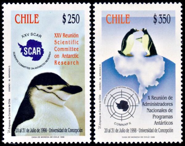 CHILE/STAMPS, 1998 - PENGUINS - MAPS - MEETING OF ANTARCTIC PROGRAM MANAGERS - YV 1455/56 - 2 VALUES - MNH
