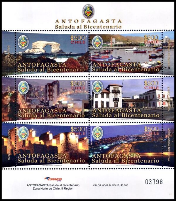 CHILE/SELLOS, 2010 - BICENTENARIO DE LA VILLA DE ANTOFAGASTA - YV 1976/81 - HOJITA - NUEVO - MINT