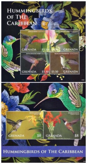 GRANADA/SELLOS, 2014 - AVES DEL CARIBE - COLIBRIES - YV - HOJITA + BLOQUE - NUEVO - MINT