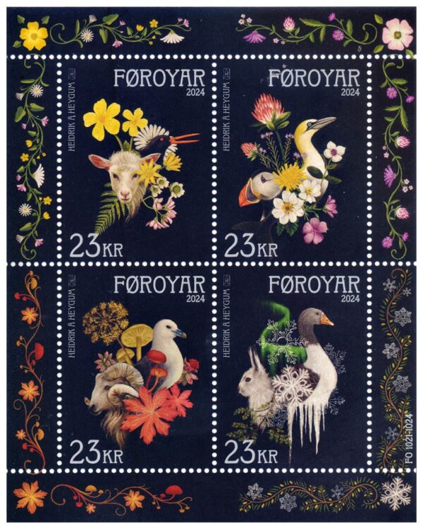 FAROE (DINAMARCA) SELLOS, 2024 - LAS CUATRO ESTACIONES - AVES - FLORES - YV 1091/94 - HOJITA - NUEVO - MINT