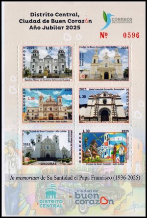 HONDURAS/SELLOS 2025 - EN MEMORIA DE SU SANTIDAD EL PAPA FRANCISCO - IGLESIAS - HOJITA - NUEVO