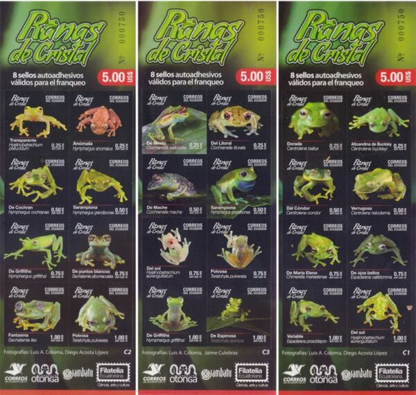 ECUADOR/SELLOS, 2019 - FAUNA - BATRACIOS - RANAS - YV C 2879+ C 2887 + C 2895 - 3 CARNETS AUTOADHESIVOS