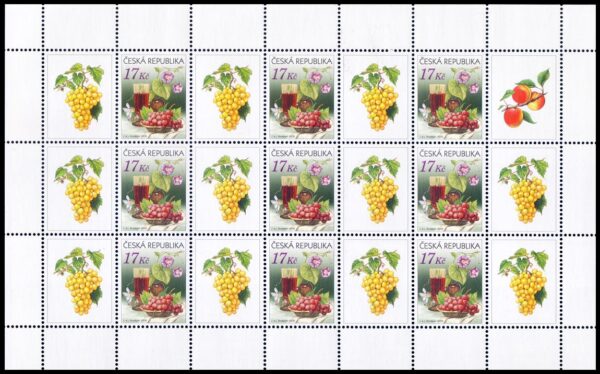 REPUBLICA CHECA/SELLOS, 2008 – SELLOS ORDINARIOS – UVAS – VINOS – YV 493 – HOJA DE 9 VALORES + 12 VIÑETAS – NUEVO – MINT