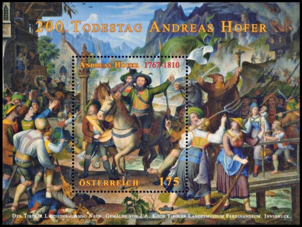 AUSTRIA/SELLOS, 2010 - PINTURAS - JOSEPH ANTON KOCH - PATRIOTA TIROLES - ANDREAS HOFER - YV F-BF 60 - BLOQUE - NUEVO - MINT