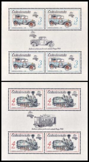 CHECOSLOVAQUIA/SELLOS, 1987 - MEDIOS DE TRANSPORTE - AUTO - LOCOMOTORA - YV BF 74/75 - 2 BLOQUES - NUEVO - MINT