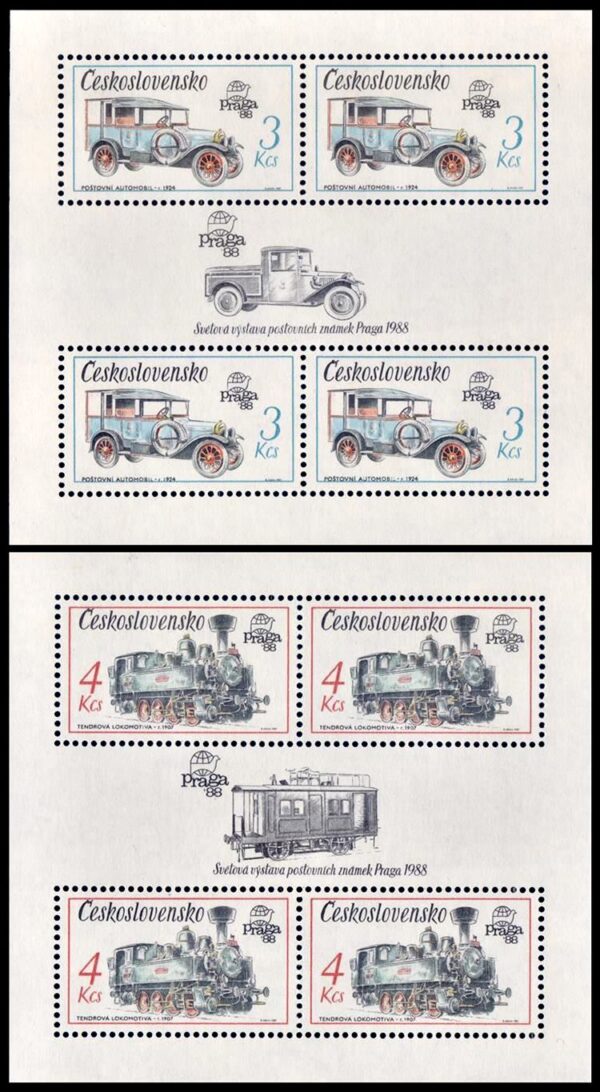 CHECOSLOVAQUIA/SELLOS, 1987 - MEDIOS DE TRANSPORTE - AUTO - LOCOMOTORA - YV BF 74/75 - 2 BLOQUES - NUEVO - MINT