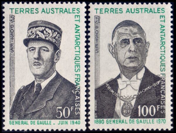 ANTARTIDA FRANCESA (T.A.A.F.) SELLOS, 1972 - GENERAL CHARLES DE GAULLE (1890-1970) - YV 46/47 - 2 VALORES - MINT