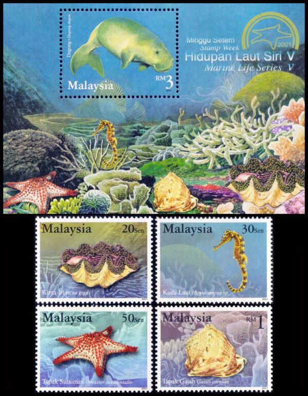 MALAYSIA/STAMPS, 2001 - MARINE FAUNA - YV 909/12 + BF 48 - 4 VALUES + SOUVENIR SHEET - MNH