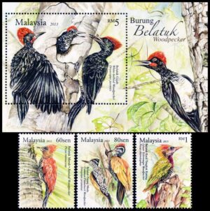 MALASIA/SELLOS, 2013 - FAUNA - AVES - PAJAROS CARPINTEROS - YV 2656/58 + BF 156 - 3 VALORES + BLOQUE - NUEVO - MINT