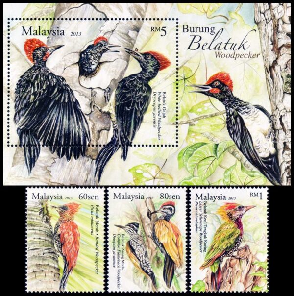 MALASIA/SELLOS, 2013 - FAUNA - AVES - PAJAROS CARPINTEROS - YV 2656/58 + BF 156 - 3 VALORES + BLOQUE - NUEVO - MINT