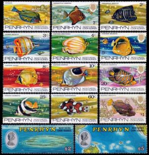 PENRHYN (ISLAS COOK) SELLOS, 1974-1975 – SELLOS ORDINARIOS – PECES - ELIZABETH II – MAPAS – YV 42/53 + 62/63 – 14 VALORES - NUEVO – MINT