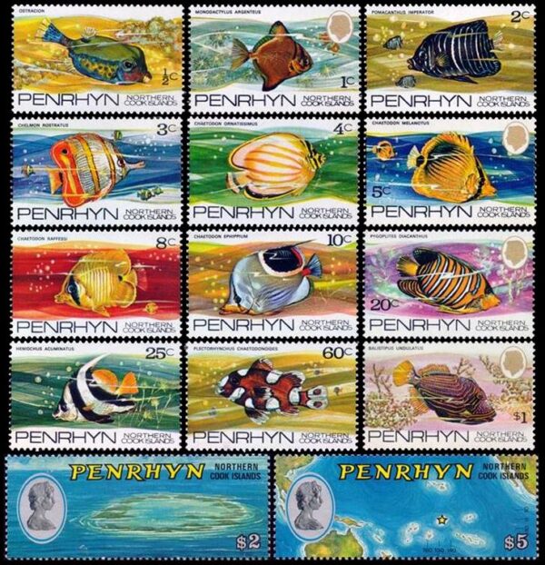 PENRHYN (ISLAS COOK) SELLOS, 1974-1975 – SELLOS ORDINARIOS – PECES - ELIZABETH II – MAPAS – YV 42/53 + 62/63 – 14 VALORES - NUEVO – MINT
