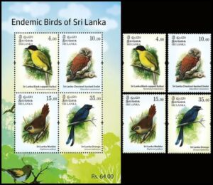 SRI LANKA/STAMPS, 2017 - ENDEMIC BIRDS  - 4 VALUES + SOUV  SHEET - MNH