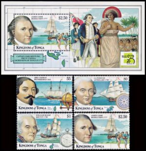 TONGA/SELLOS, 1999 - BARCOS - PRIMEROS EXPLORADORES DE LAS ISLAS - YV 1142/45 + BF 31 - 4 VALORES + BLOQUE - NUEVO - MINT