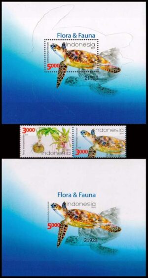 INDONESIA - SELLOS - AÑO 2014 - FAUNA MARINA - FLORA  - TORTUGAS - YV 2719/20 + BF 301 + 301a - 2 VALORES +1 BLOQUE + 1 BLOQUE SIN DENTAR - NUEVO - MINT