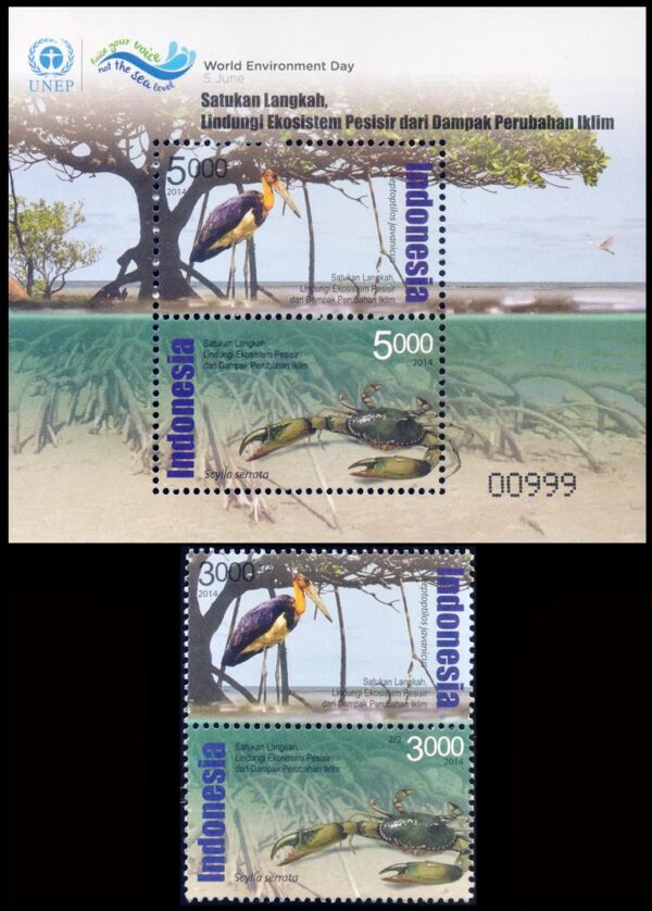 INDONESIA/SELLOS, 2014 - PROTECCION DEL MEDIO AMBIENTE - AVES - CANGREJO - YV 2697/98 + BF 298 - 2 VALORES + BLOQUE - NUEVO - MINT