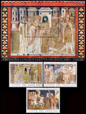 VATICANO/SELLOS, 2013 - 1700 AÑOS DEL EDICTO DE MILAN - FRESCOS - YV 1428/30 + F 1631 - 3 VALORES + BLOQUE - MINT