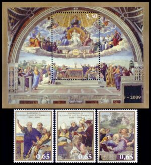 VATICANO/SELLOS, 2009 - PINTURAS - RAFAEL - LA DISPUTA DEL SANTISIMO SACRAMENTO - YV 1501/03 + BF 35 - 3 VALORES + BLOQUE - NUEVO - MINT
