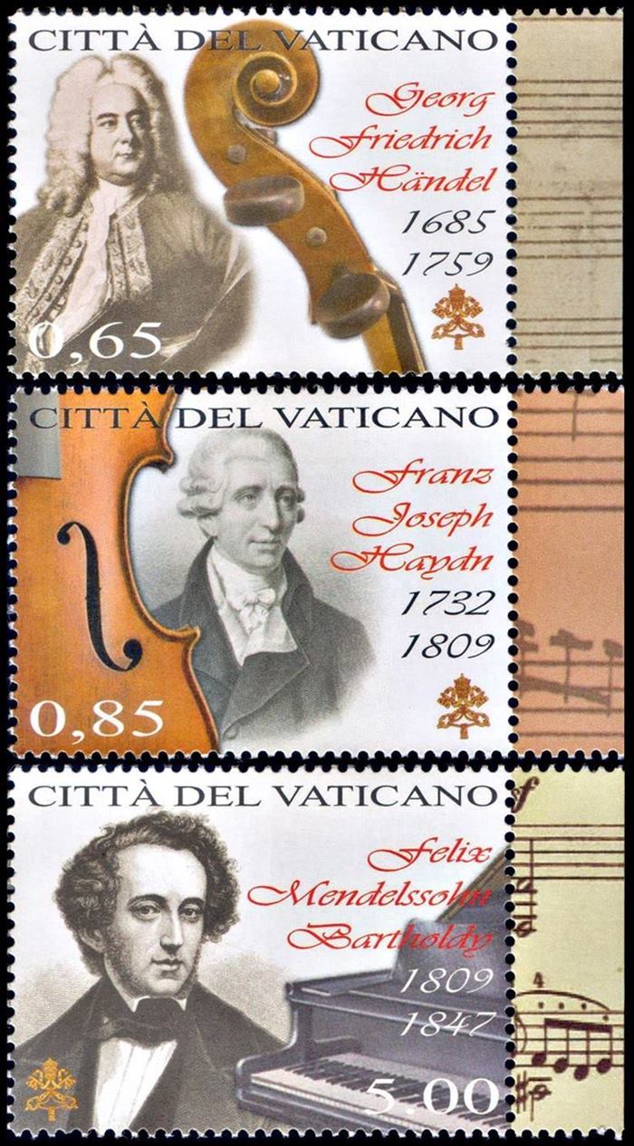 VATICANO/SELLOS, 2009 - MUSICA - COMPOSITORES - YV 1507/09 - 3 VALORES - MINT