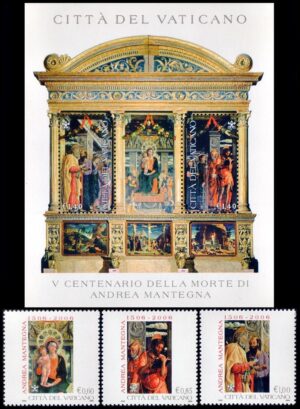 VATICANO/SELLOS, 2006 - ARTE - PINTURAS - ANDREA MANTEGNA - YV 1401/03 + BF 29 - 3 VALORES + BLOQUE - NUEVO - MINT