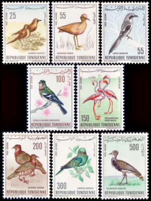 TUNEZ/SELLOS, 1965/66 - FAUNA - AVES - YV A 26/33 - 8 VALORES - MINT