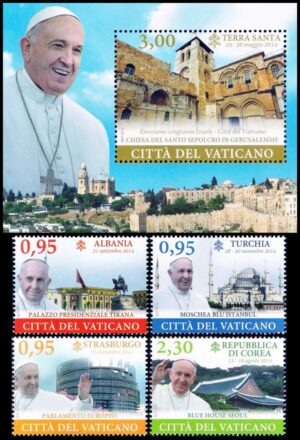 VATICANO/SELLOS, 2015 - LOS VIAJES DEL PAPA FRANCISCO - YV 1698/701 + F 1702 - 4 VALORES + BLOQUE - MINT