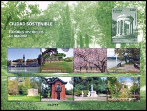 ESPAÑA/SELLOS, 2023 - PARQUES HISTORICOS DE MADRID - CIUDAD SOSTENIBLES - YV F 5453 - BLOQUE - MINT
