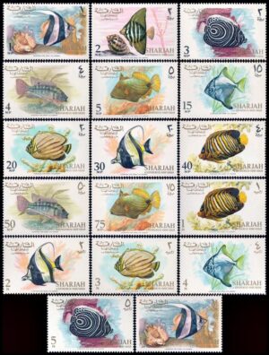 SHARJAH (ARABIA DEL SUDOESTE) SELLOS, 1966 - FAUNA MARINA - PECES - YV 149/65 - 17 VALORES - MINT