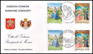 VATICANO-MONACO/SELLOS, 2017 - NAVIDAD - EMISION CONJUNTA  - YV 1771/72 (VAT) + 3113/14 (MONACO) - SOBRE PRIMER DIA EMISION