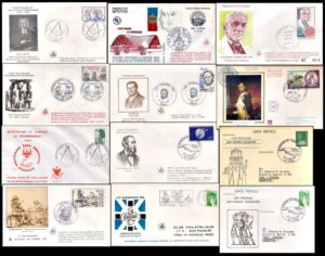 FRANCE-WALLIS AND FUTUNA/ENVELOPES - LOT OF 10 ENVELOPES + 2 POSTAL STAMPS - FREEMASONRY - FIRST DAY ISSUE - 1980s