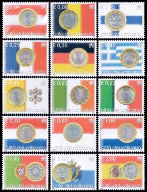 VATICAN/STAMPS, 2004 - THE EURO - SINGLE CURRENCY OF 15 EUROPEAN STATES - COINS - FLAGS - YV 1345/59 - 15 VALUES - MINT