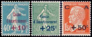 FRANCIA/SELLOS, 1927 - SEMBRADORAS - LUIS PASTEUR - CAISSE D’AMORTISSEMENT - SELLOS SOBRECARGADOS - YV 246/48 - 3 VALORES - MINT