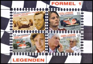 AUSTRIA/SELLOS, 2009 - LEYENDAS - GRANDES CAMPEONES DE FORMULA 1 - YV 2637/40 - HOJITA - MINT