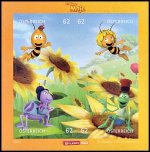 AUSTRIA/SELLOS, 2014 - DIBUJOS ANIMADOS - PUZZLE - MAYA LA ABEJA - YV 2979/82 - HOJITA - AUTOADHESIVO