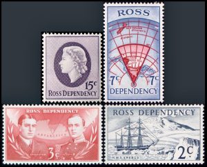 TIERRA DE ROSS (NUEVA ZELANDA) SELLOS, 1967 – MAPAS – BARCOS – EXPLORADORES – ELIZABETH II – YV 5/8 – 4 VALORES – MINT