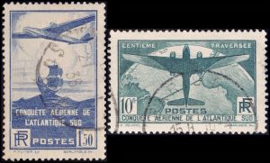 FRANCIA/SELLOS, 1936 – CRUCE DEL ATLANTICO SUR POR AVIONES FRANCESES – YV 320/21 – 2 VALORES - MATASELLADOS