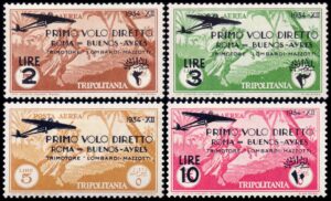 TRIPOLITANIA (LIBIA) SELLOS, 1934 – CORREO AEREO - PRIMER VUELO DIRECTO ROMA BUENOS AIRES – YV A 39/42 - 2 VALORES - HINGED